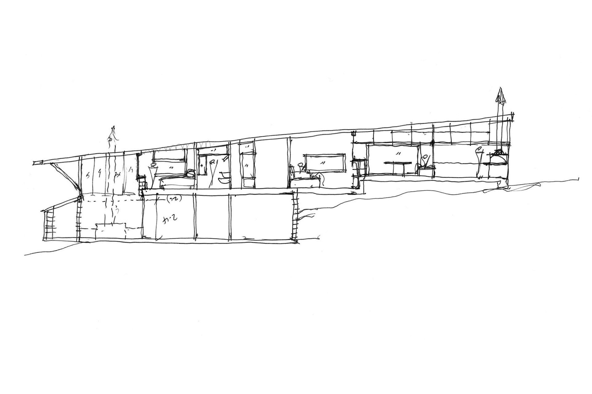 Sketch of cross-section through Oneroa House, by SGA, shows the lower and upper levels that follows the contour of the land.