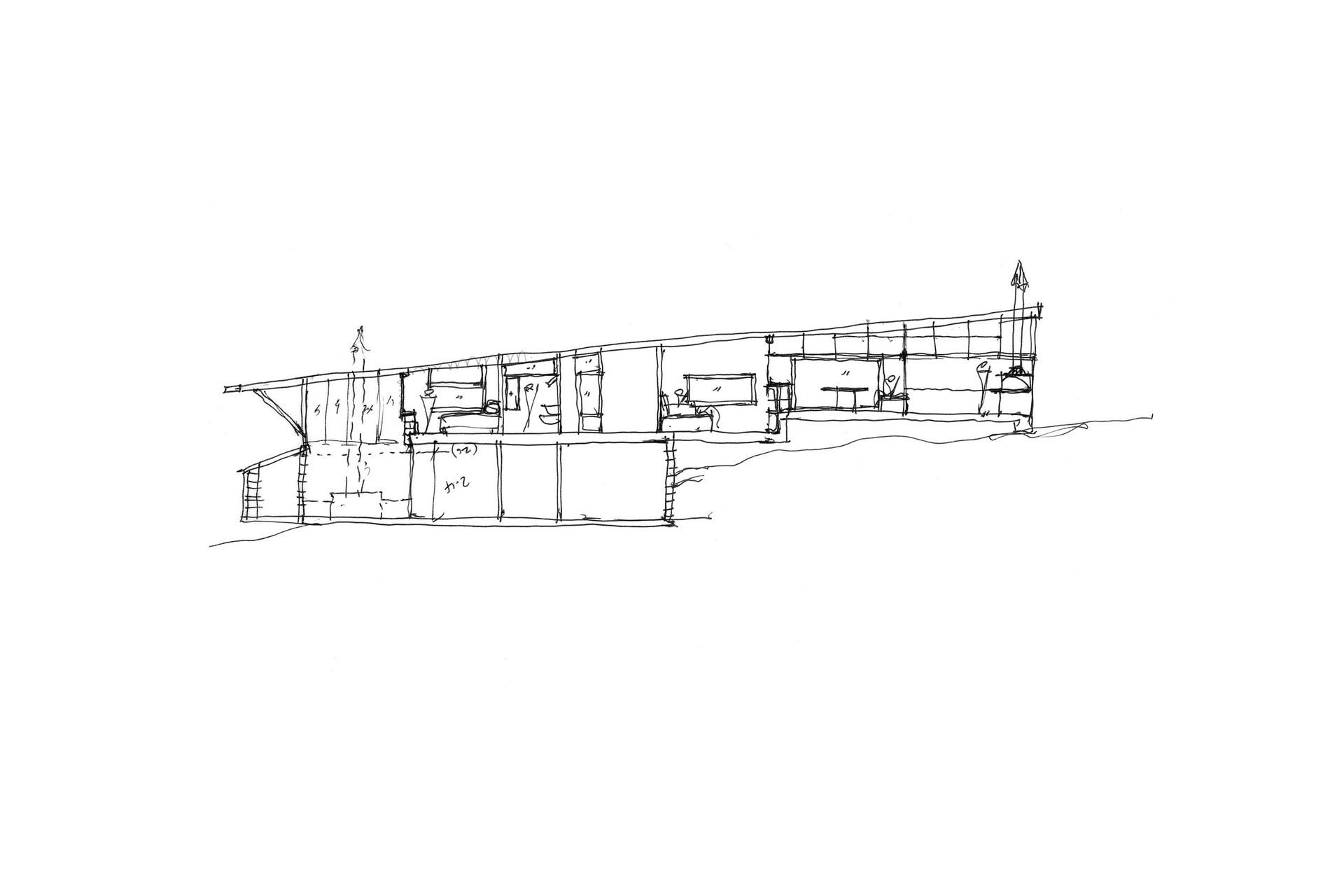 Sketch of cross-section through Oneroa House, by SGA, shows the lower and upper levels that follows the contour of the land.