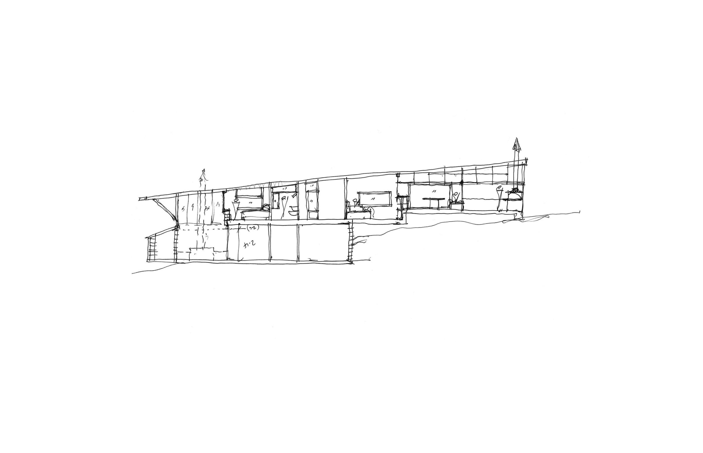 Sketch of cross-section through Oneroa House, by SGA, shows the lower and upper levels that follows the contour of the land.