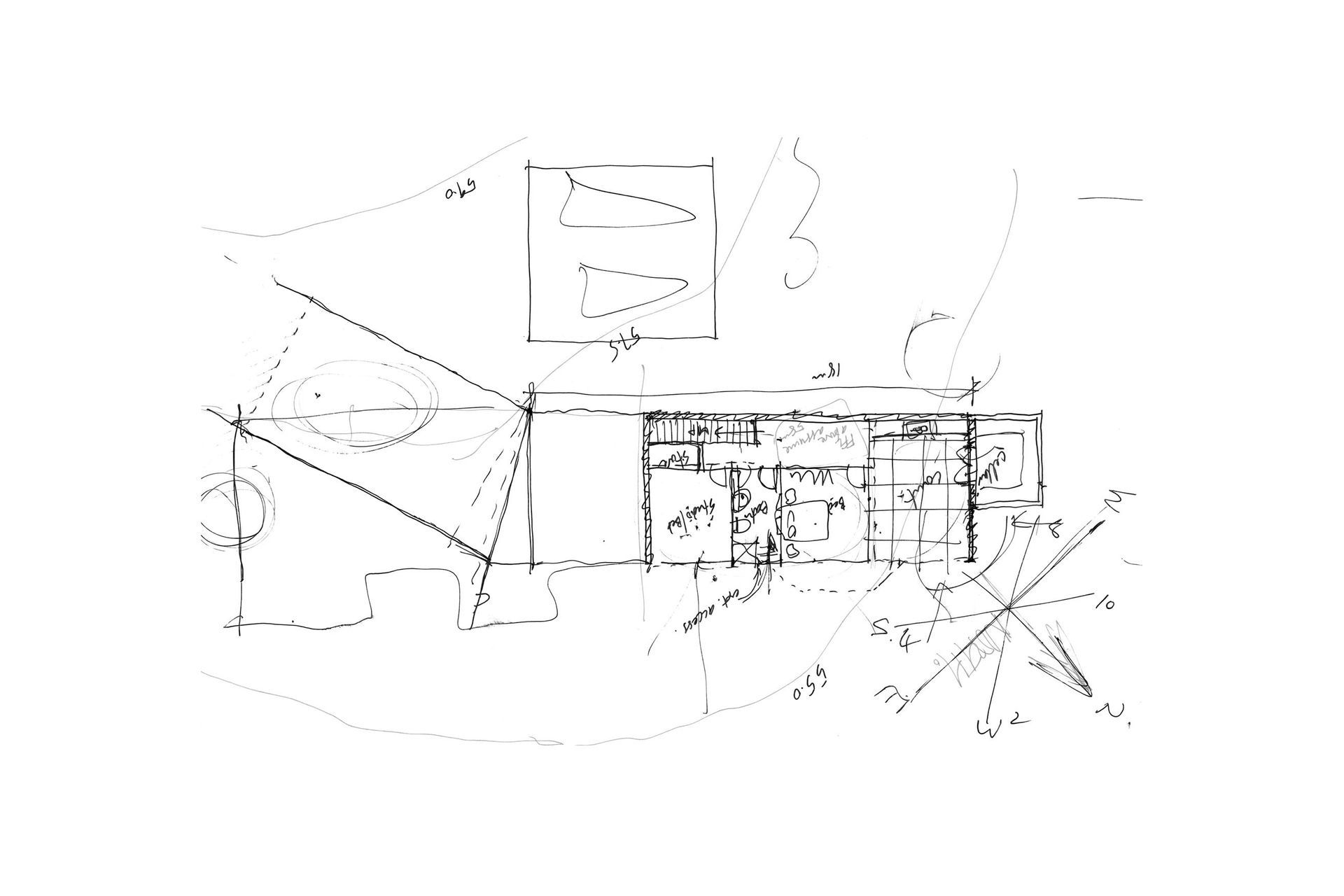 An early architect's sketch of the lower-level plan indicates an original plan to angle the end of the form facing south-east towards Oneroa Bay.