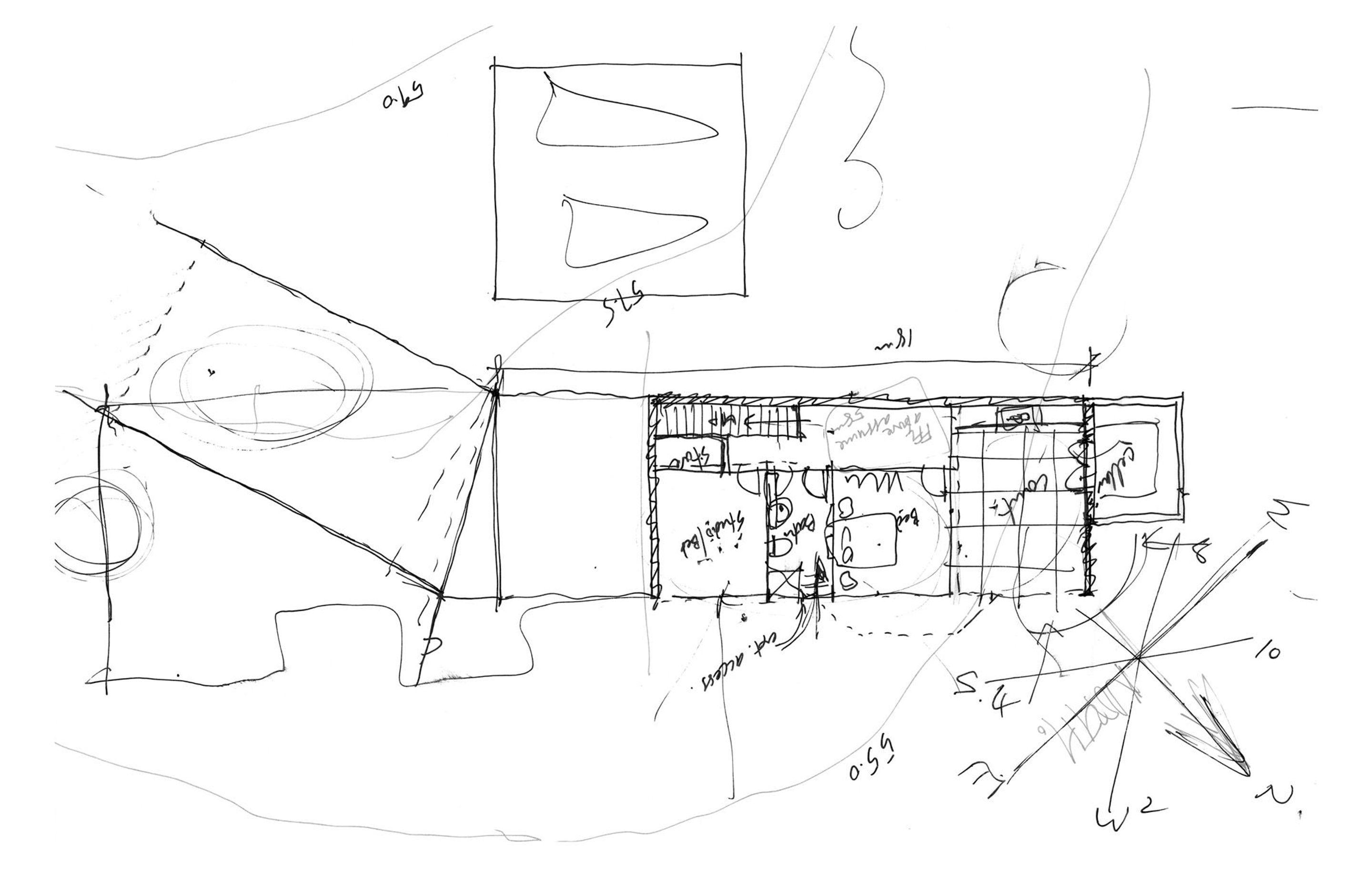 An early architect's sketch of the lower-level plan indicates an original plan to angle the end of the form facing south-east towards Oneroa Bay.