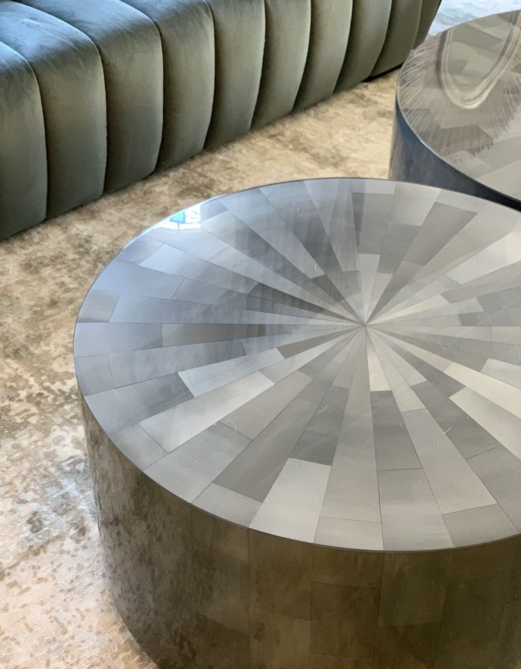 Coffee Tables - drum tables with hand cut resin veneer in clear with silvering from Oly Furniture Studio