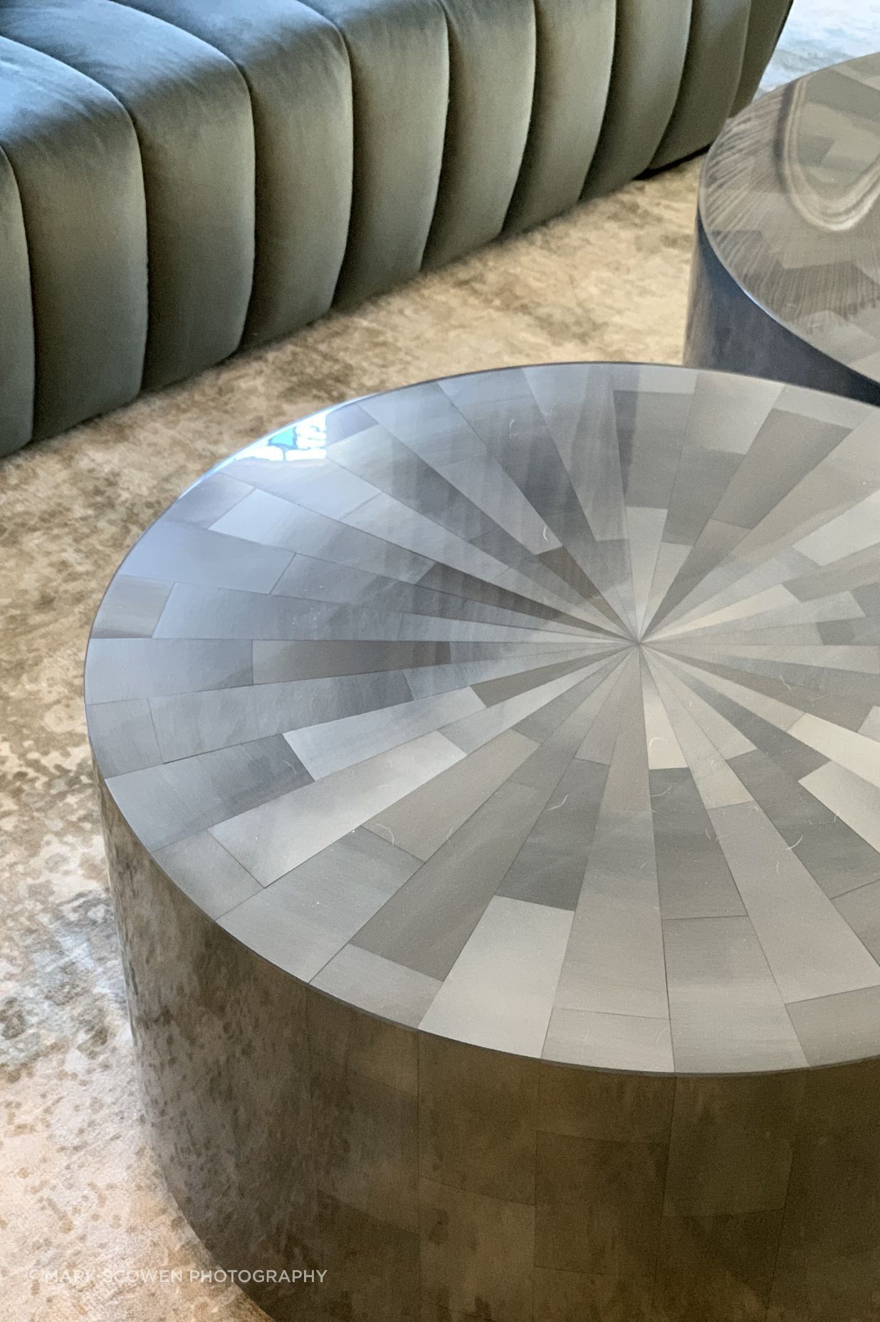 Coffee Tables - drum tables with hand cut resin veneer in clear with silvering from Oly Furniture Studio