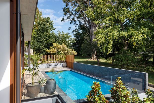 A sunny outdoor pool area beside a contemporary home, viewed along the side facade. The rectangular swimming pool is enclosed by frameless glass fencing, with a paved pool deck, potted plants, a timber privacy screen, and landscaped greenery beyond.