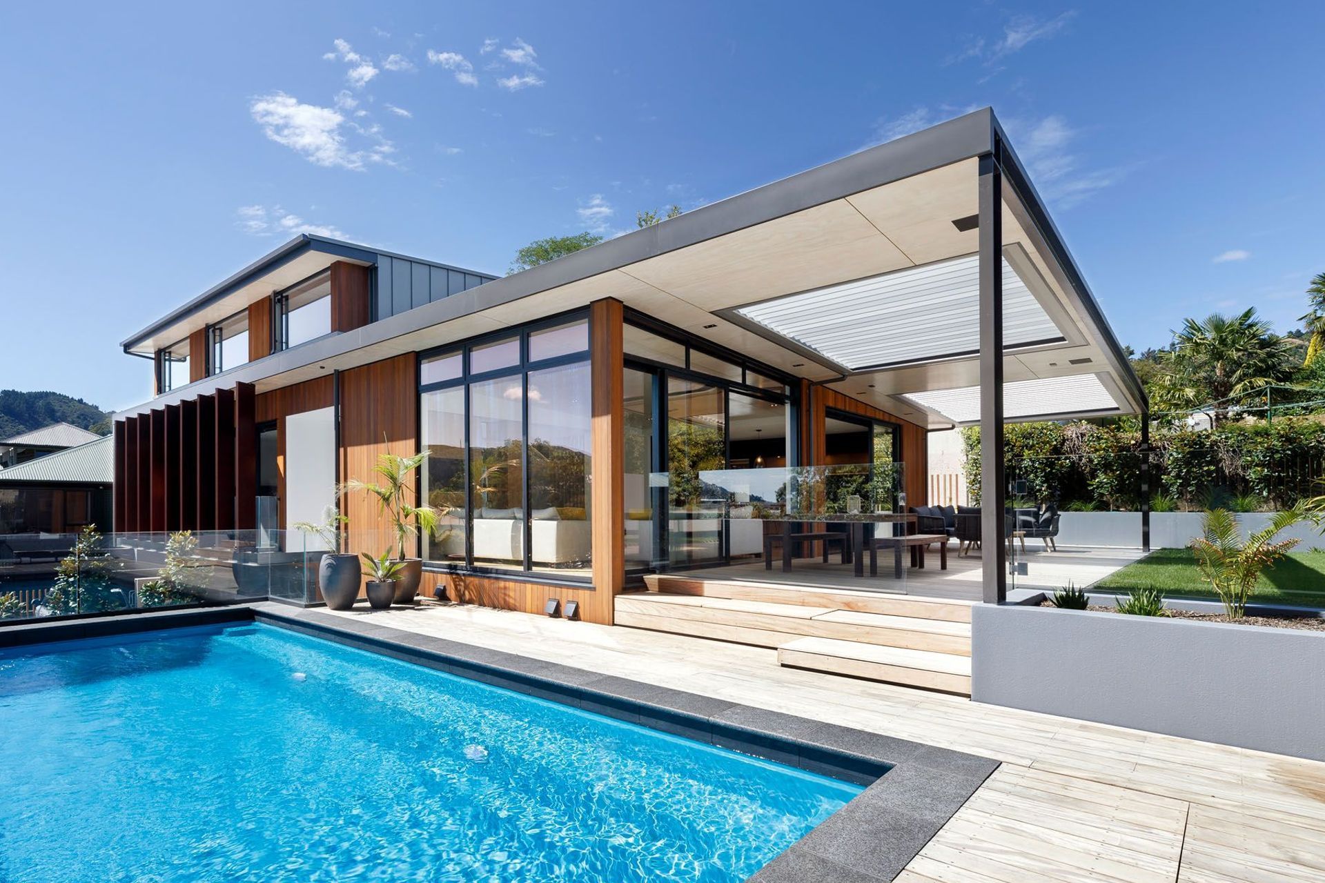 Trafalgar Street House viewed  from the poolside  lounging area.