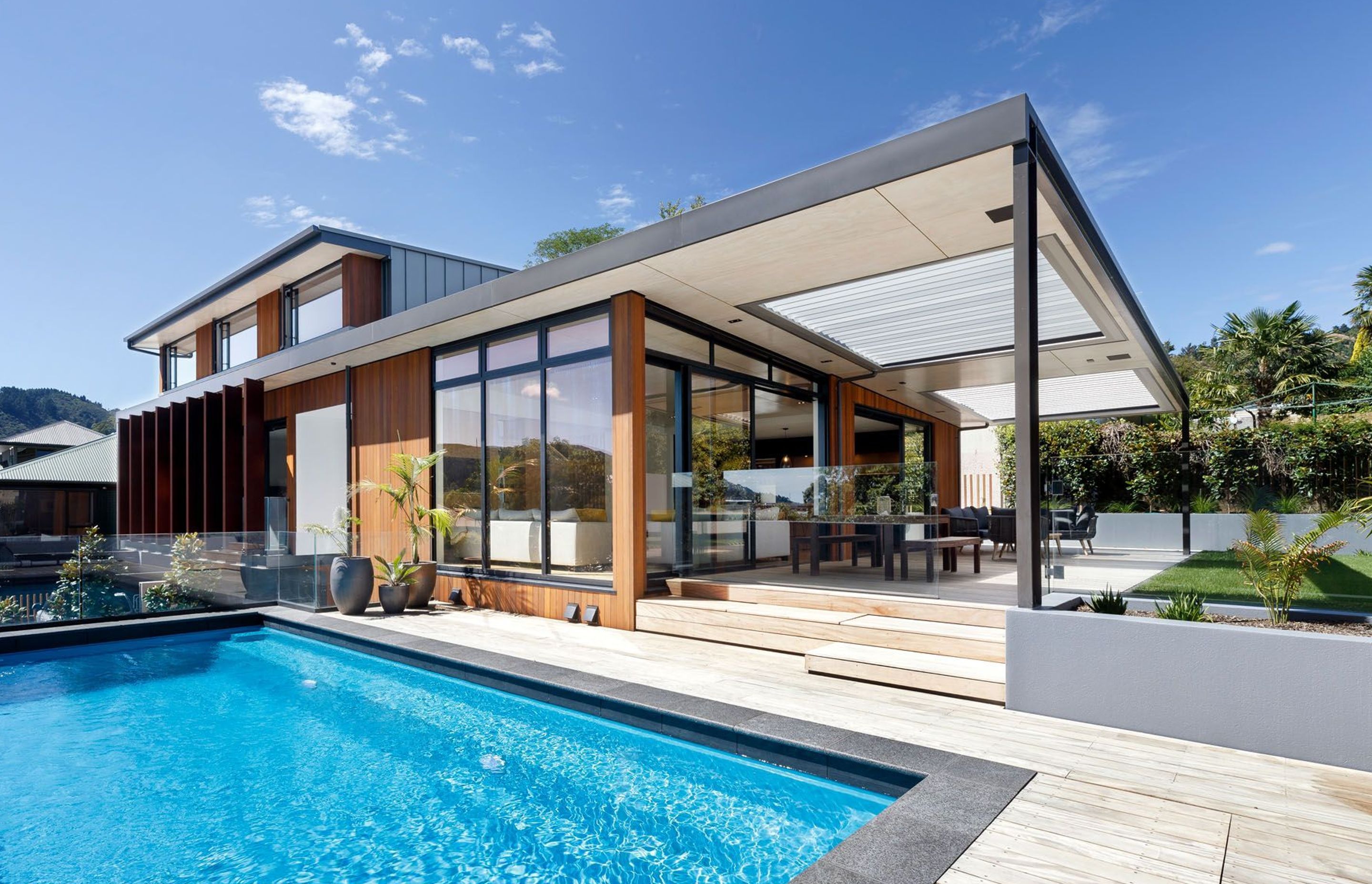 Trafalgar Street House viewed from the poolside lounging area.