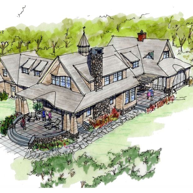 Hand-drawn architectural perspective of a large rustic lodge or resort-style residence set in a wooded landscape. The building has multiple steep and gabled roof forms, broad covered verandas and terraces, stone-clad walls and chimneys, timber-framed windows, and a prominent central cupola. Landscaping includes stone paths, planted garden beds, and outdoor seating areas.