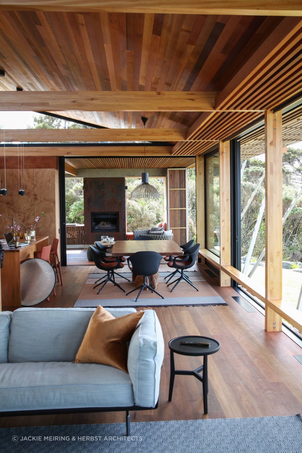 The view across the open-plan living and dining area. Photograph by Jackie Meiring.