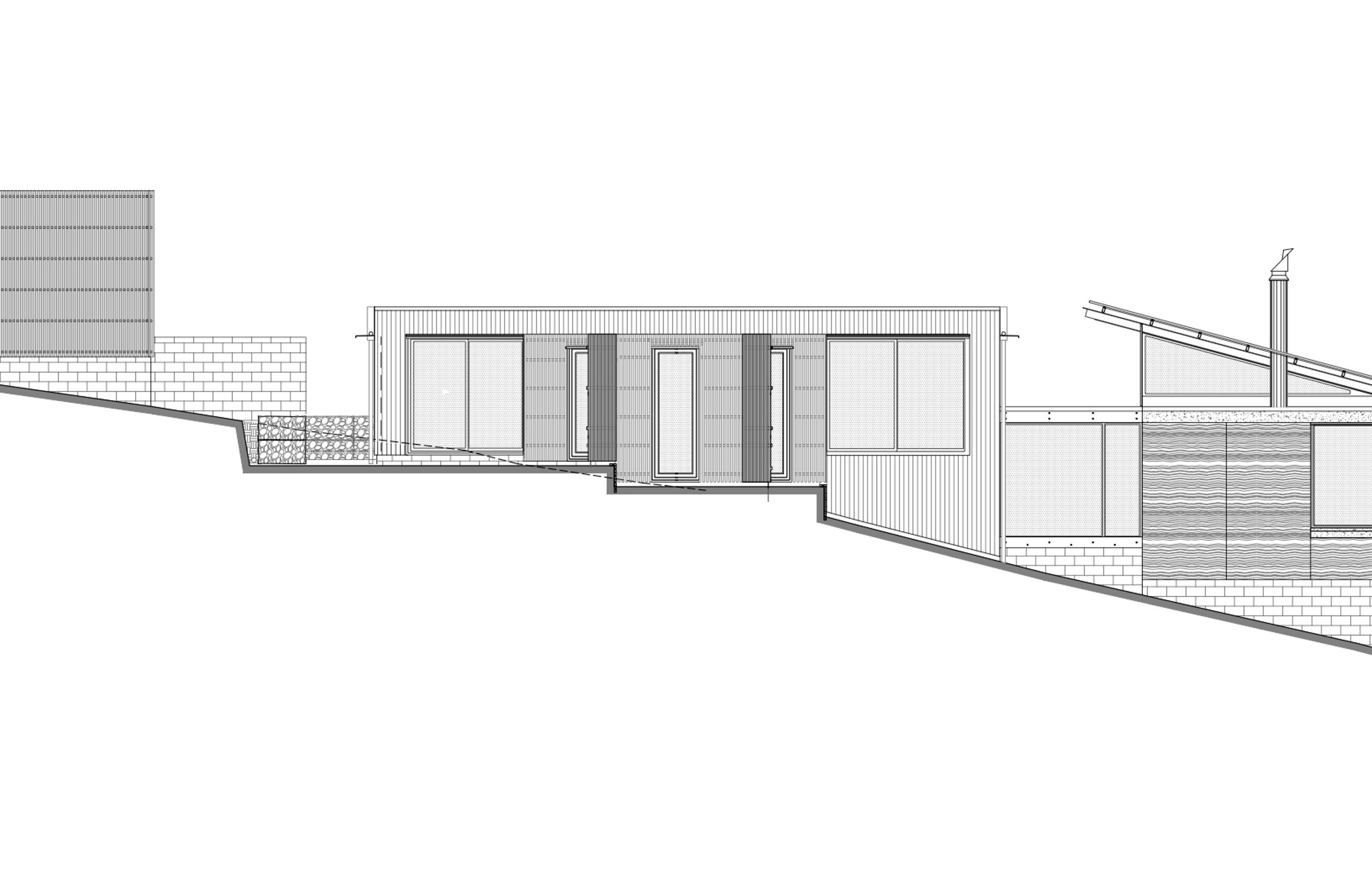 The south elevation of Tutukaka House, by Herbst Architects, with garage (left), bedroom wing (middle) and the living spaces (right).