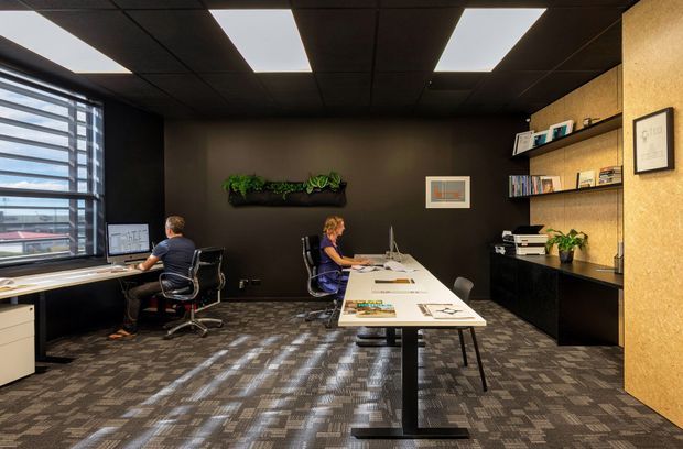 A modern office workspace with two individual workstations and a long central meeting table. The room features dark walls and ceiling, exposed black ceiling grid with rectangular fluorescent light panels, patterned commercial carpet, black built-in cabinetry and shelving, a textured warm timber-toned feature wall, large horizontal windows with blinds, and indoor greenery.