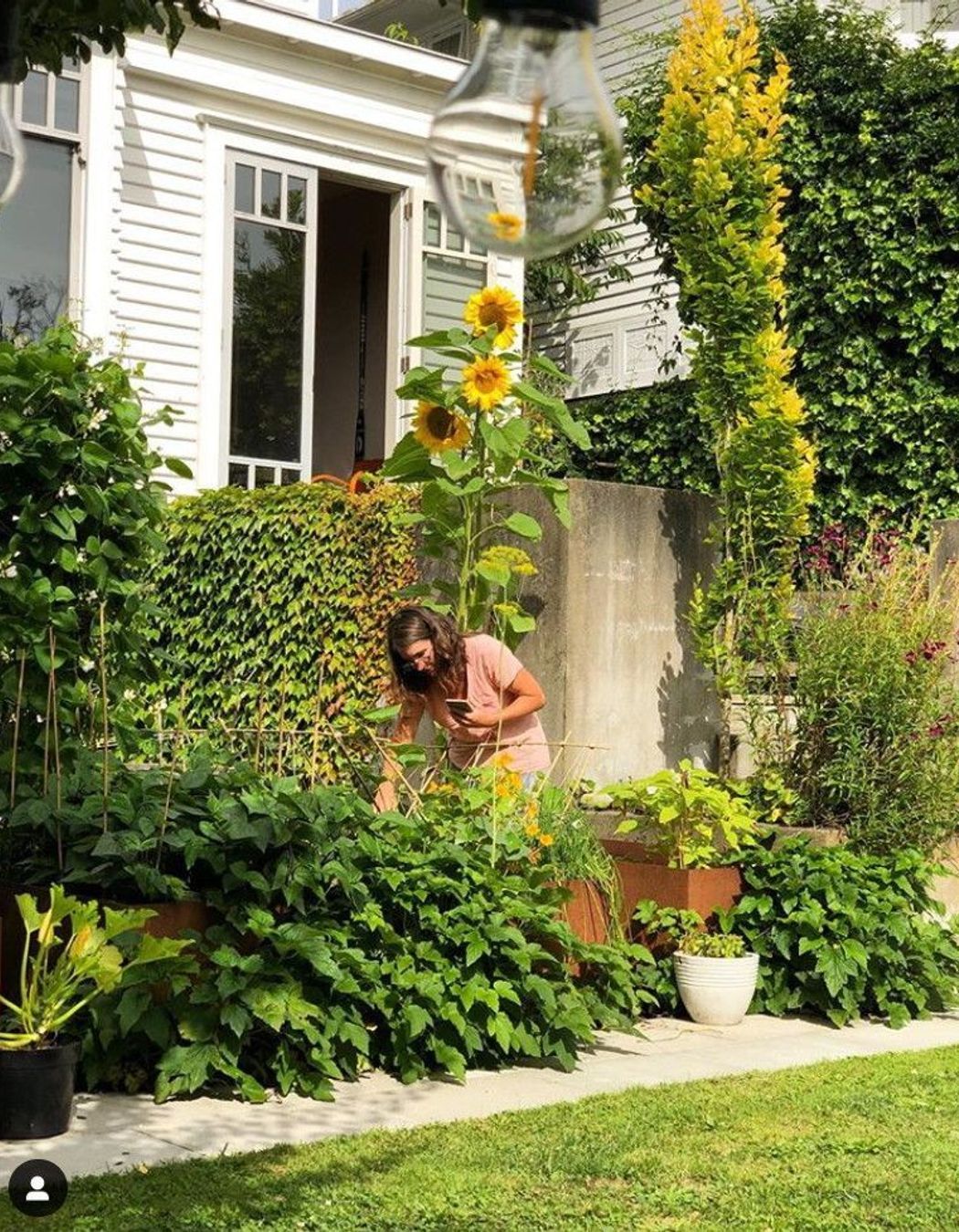 Hadley working in her raised vegetable gardens in new corten planters