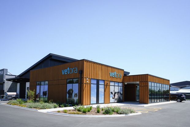 Exterior view of a contemporary low-rise commercial building with two dark-roofed, timber-toned clad volumes connected by a recessed entrance. Large glazed shopfront windows display Vetora branding, with landscaped planting beds and a paved parking area in front.