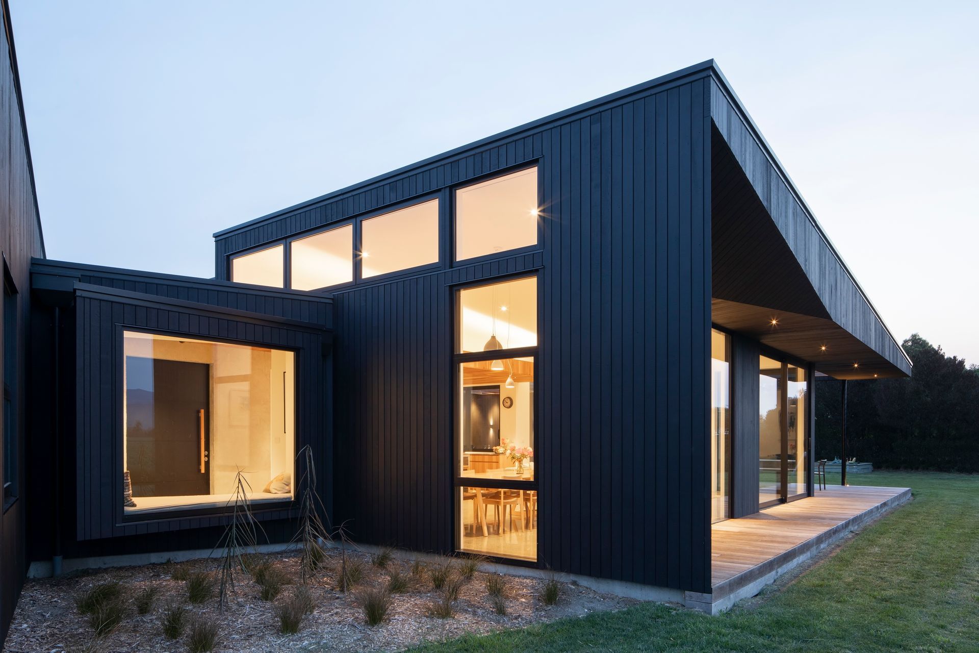 The roofline of the living area has been raked at an angle that matches the angle of the sun on the shortest day of the year.