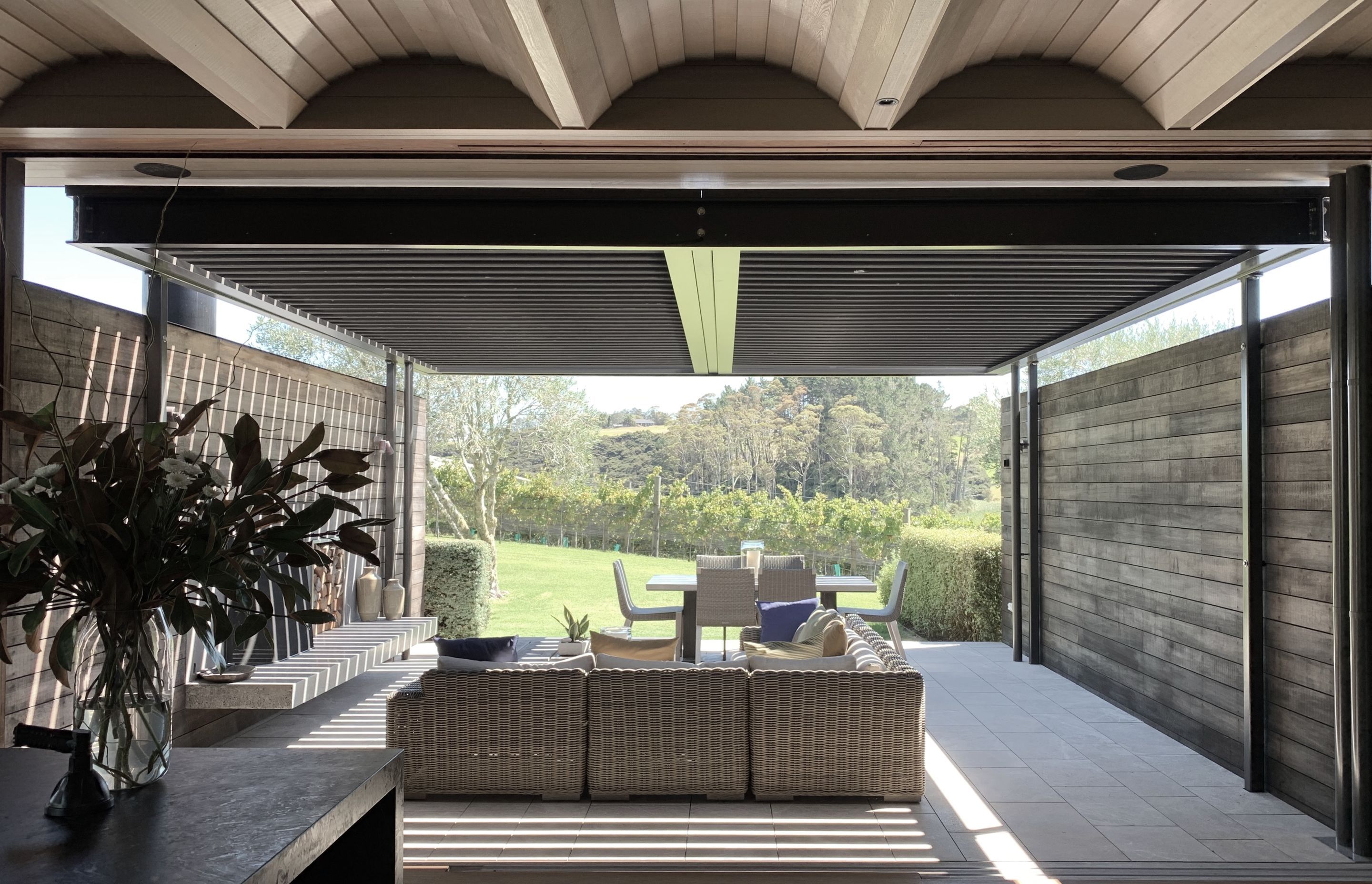 Louvered pergola with views to the vineyards beyond