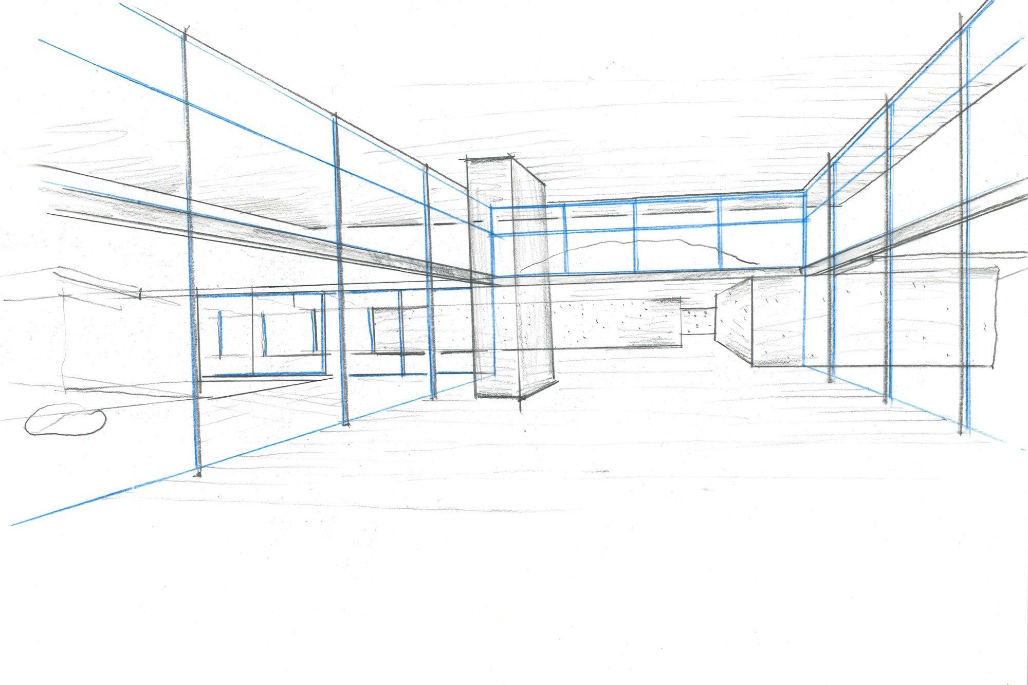 A perspective drawing of the main living area and garage entry corridor by the architects RB Studio.