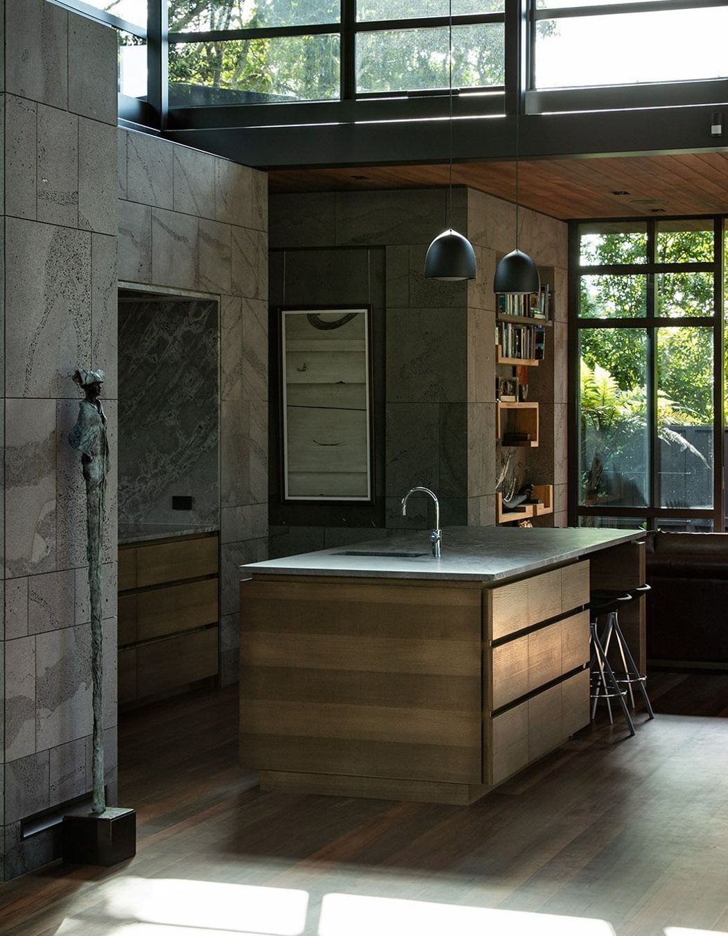 The kitchen and library/lounge space.