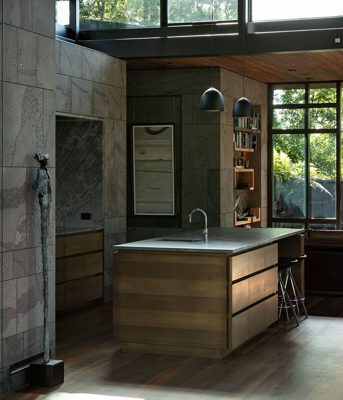 The kitchen and library/lounge space.