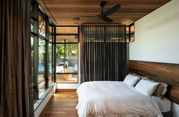 A warm, contemporary bedroom with a low-profile bed, white bedding, and a dark timber feature wall with integrated shelving. Full-height glazing and sheer dark curtains open to a leafy outdoor view, while the ceiling is lined with horizontal timber boards and includes a black ceiling fan. Timber flooring and a timber-framed glazed wall create a strong indoor–outdoor connection.