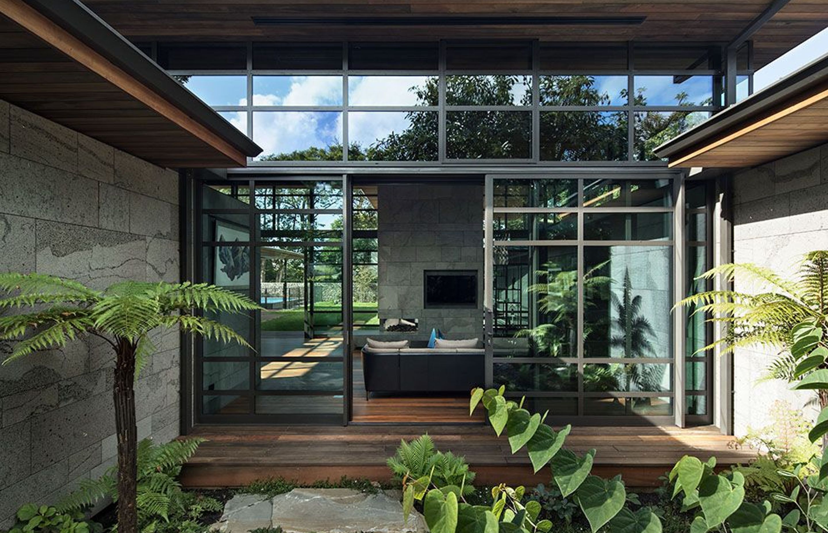 Looking back at the living area from the same micro-landscape, which is essentially a small planted courtyard that feeds off nature..