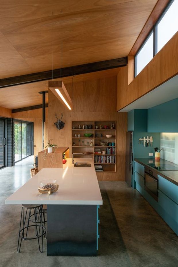 A warm, contemporary kitchen with a large pale island and stools, teal-blue fitted cabinetry, dark benchtops, and extensive timber plywood wall and ceiling lining. A built-in open shelving unit, integrated sink and cooktop, linear pendant light, exposed dark beam, and tall glazing are visible. The kitchen opens toward a bright glazed area, with a polished concrete floor throughout.
