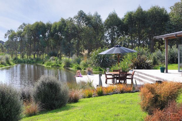 A landscaped outdoor pond with a timber-edged deck and patio beside the water. The setting includes outdoor dining furniture with a large umbrella, ornamental grasses, mature trees, a covered structure at the right, and people seated near the pond. The scene is bright, natural, and recreational.