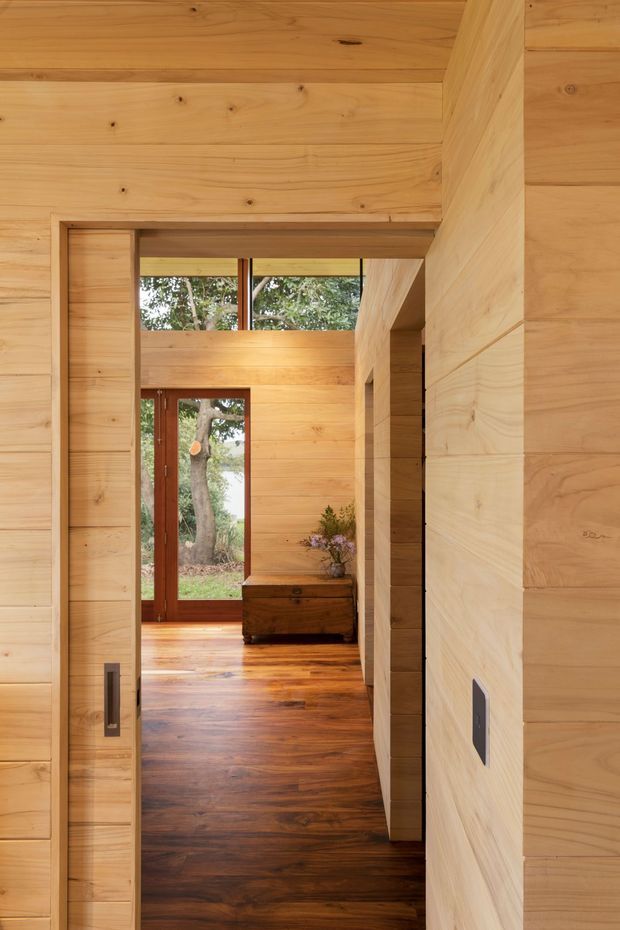 Interior view through a timber-lined doorway into a warm, wood-clad living or circulation space. Natural timber wall and ceiling panelling, dark timber flooring, timber-framed glazing, built-in joinery, and a small wooden console create a cohesive minimalist retreat-like interior. Trees and garden are visible through the glazing.