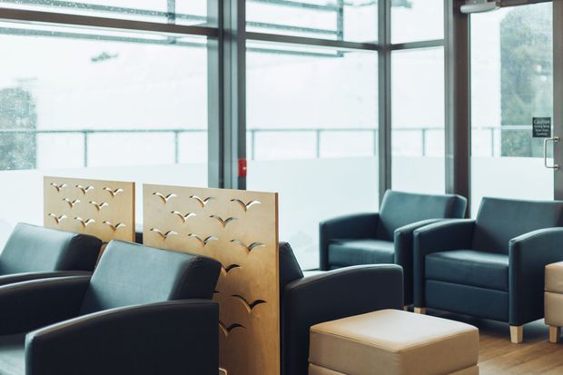 A bright contemporary waiting area or lounge with large floor-to-ceiling windows, dark upholstered lounge chairs, cream ottomans, timber flooring, and decorative timber privacy screens featuring cut-out bird motifs. The space has a clean, airy, institutional or commercial character.