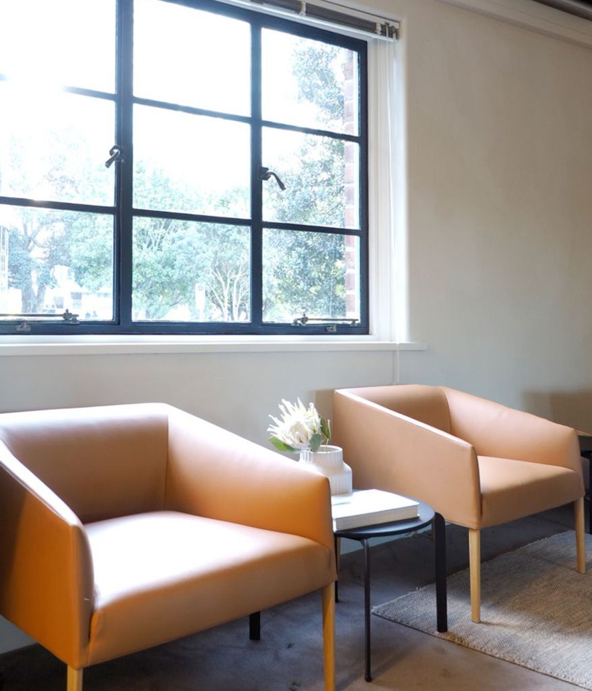 Stunning simple clean lines in thes leather chairs.