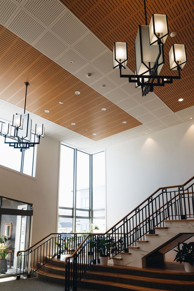 A bright multi-level interior stair hall with broad timber staircases, black metal balustrades, expansive floor-to-ceiling glazing, and distinctive black geometric chandeliers. The ceiling combines warm timber slatted panels with white perforated acoustic panels, while large potted plants add greenery around the stair landing.
