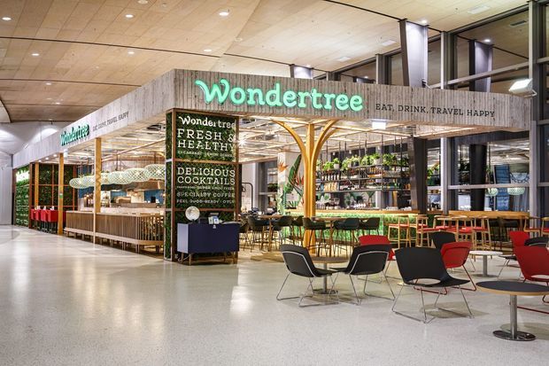 A bright contemporary commercial hospitality interior featuring the Wondertree café and restaurant. The open-plan space includes a timber-look branded canopy, exposed decorative timber branching columns, bar and dining areas, shelving with plants and products, pendant lighting, and scattered modern lounge and dining seating. The polished light floor, timber ceiling, and extensive glazing create an inviting food-and-beverage venue within a larger public interior.