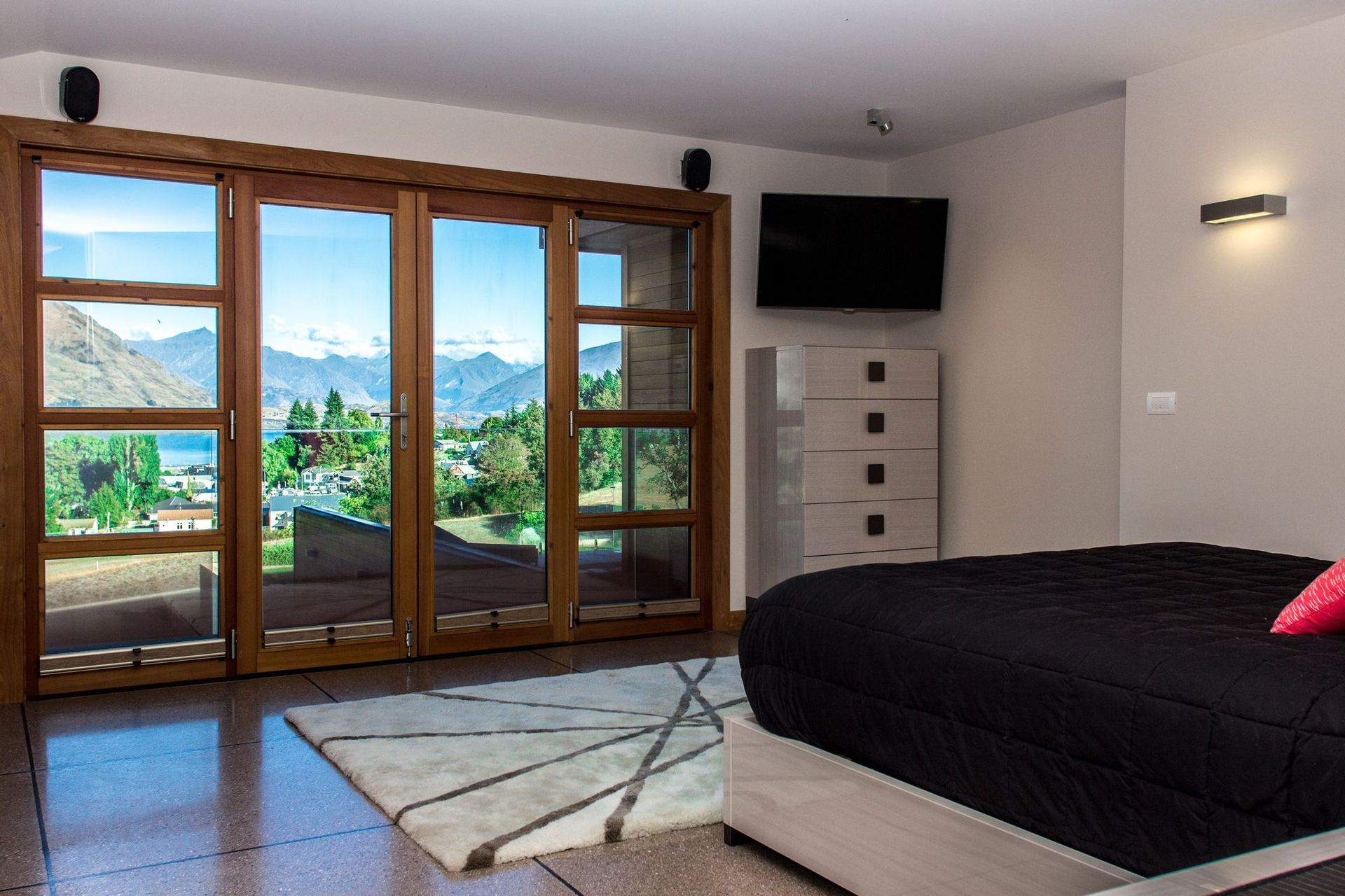 The view from the Master Bedroom, across Lake Wanaka to the mountains beyond.