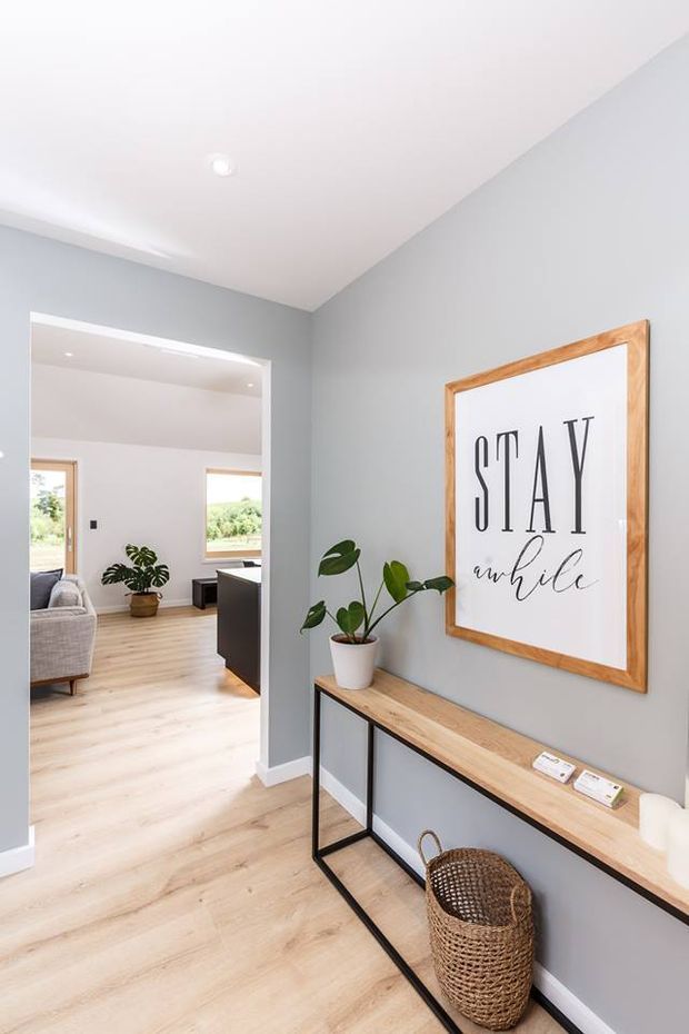 Bright residential hallway or entry area with pale timber flooring, soft grey walls, white ceiling and skirting, and a slim black-framed console with a timber top. A framed typographic artwork and potted plants add warmth, while an open doorway leads into a light-filled living area with additional seating and windows.