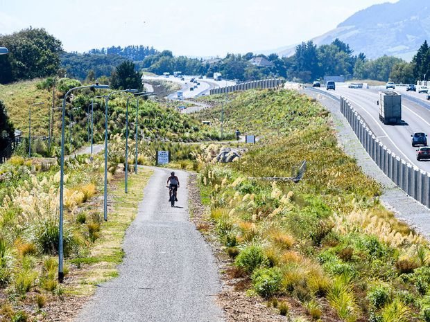 A landscaped shared-use path with a cyclist runs through native-style grasses and low planting beside a divided highway. Curved minimalist path lighting lines the route, with a mountain backdrop and suburban road infrastructure beyond.