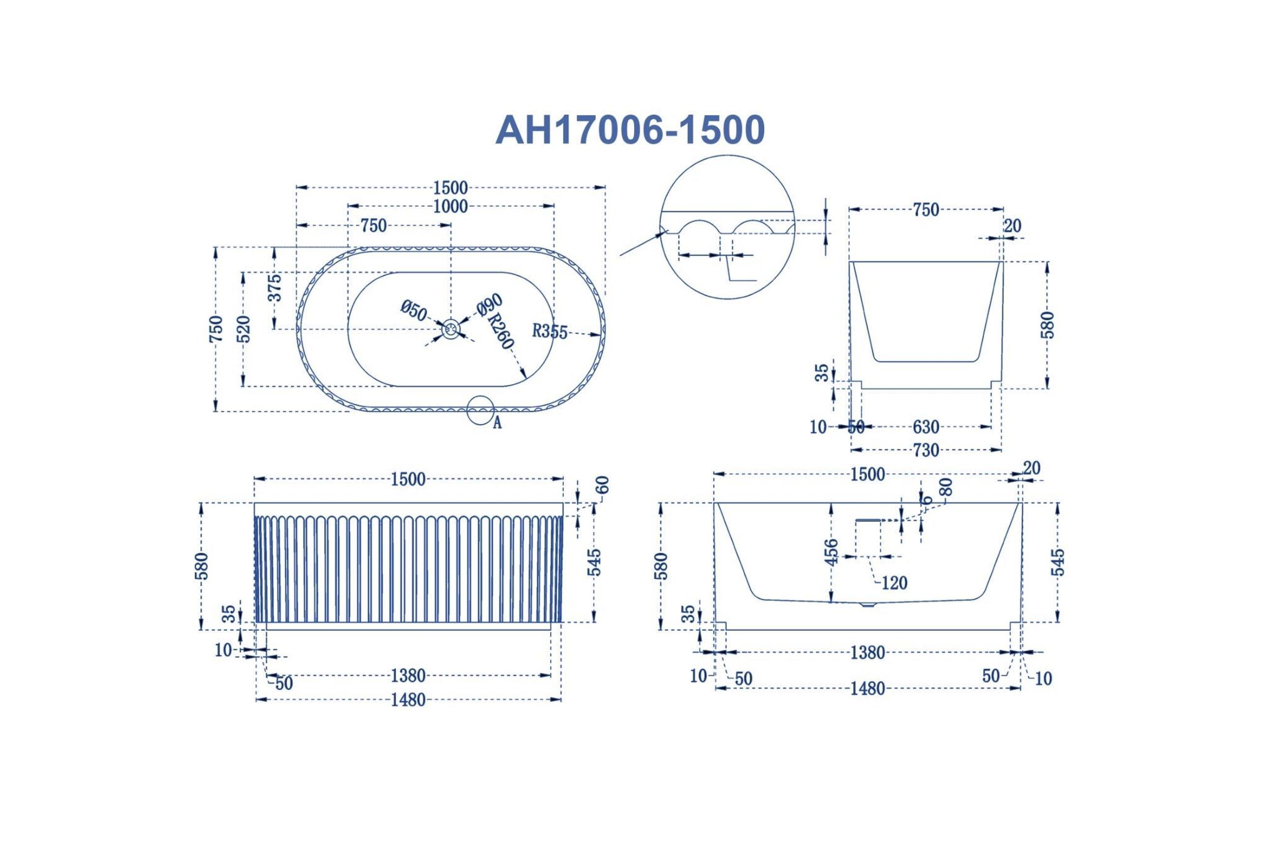 Left Corner Fluted Bathtub 1500mm