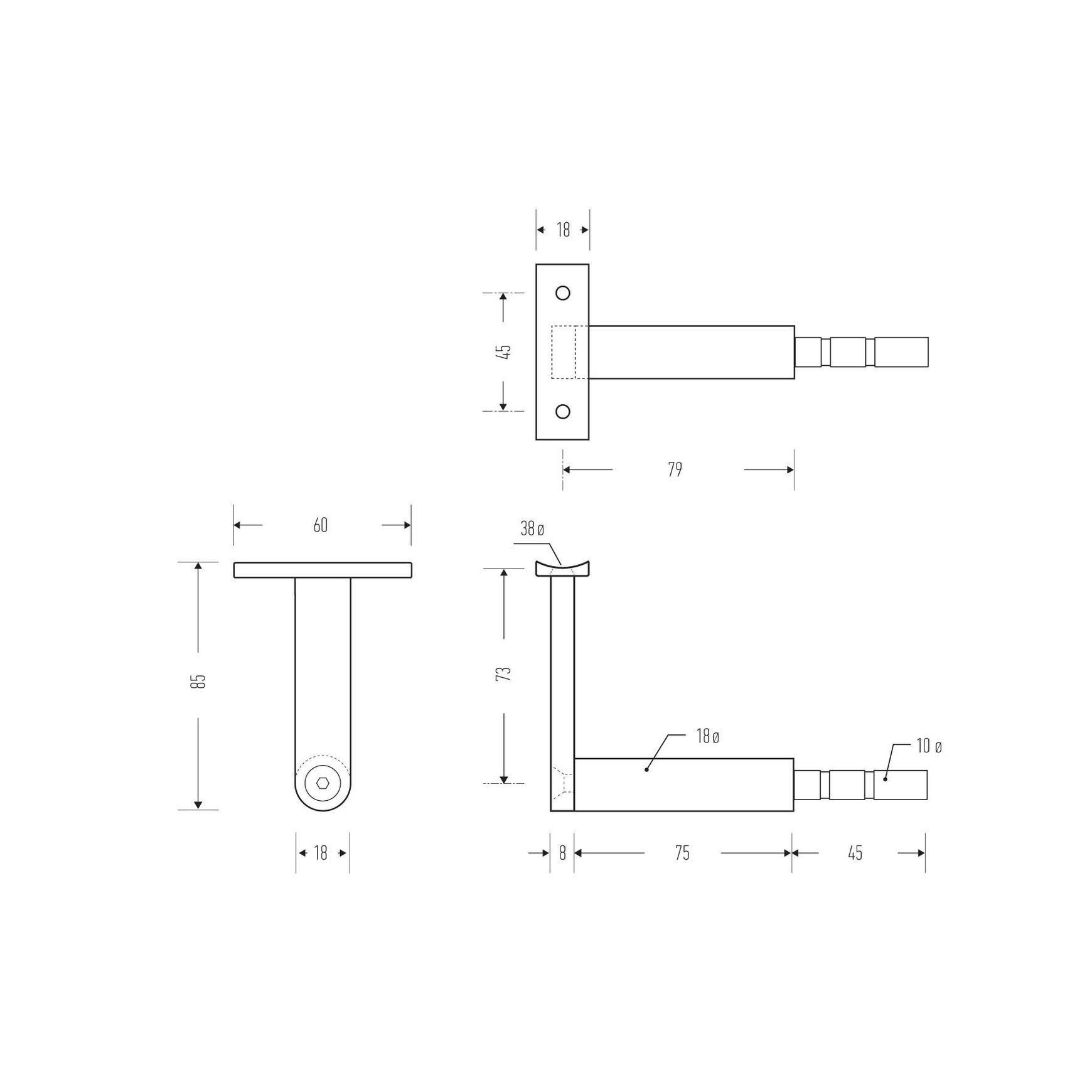 HB500 “T” Stair Rail Bracket dimensions