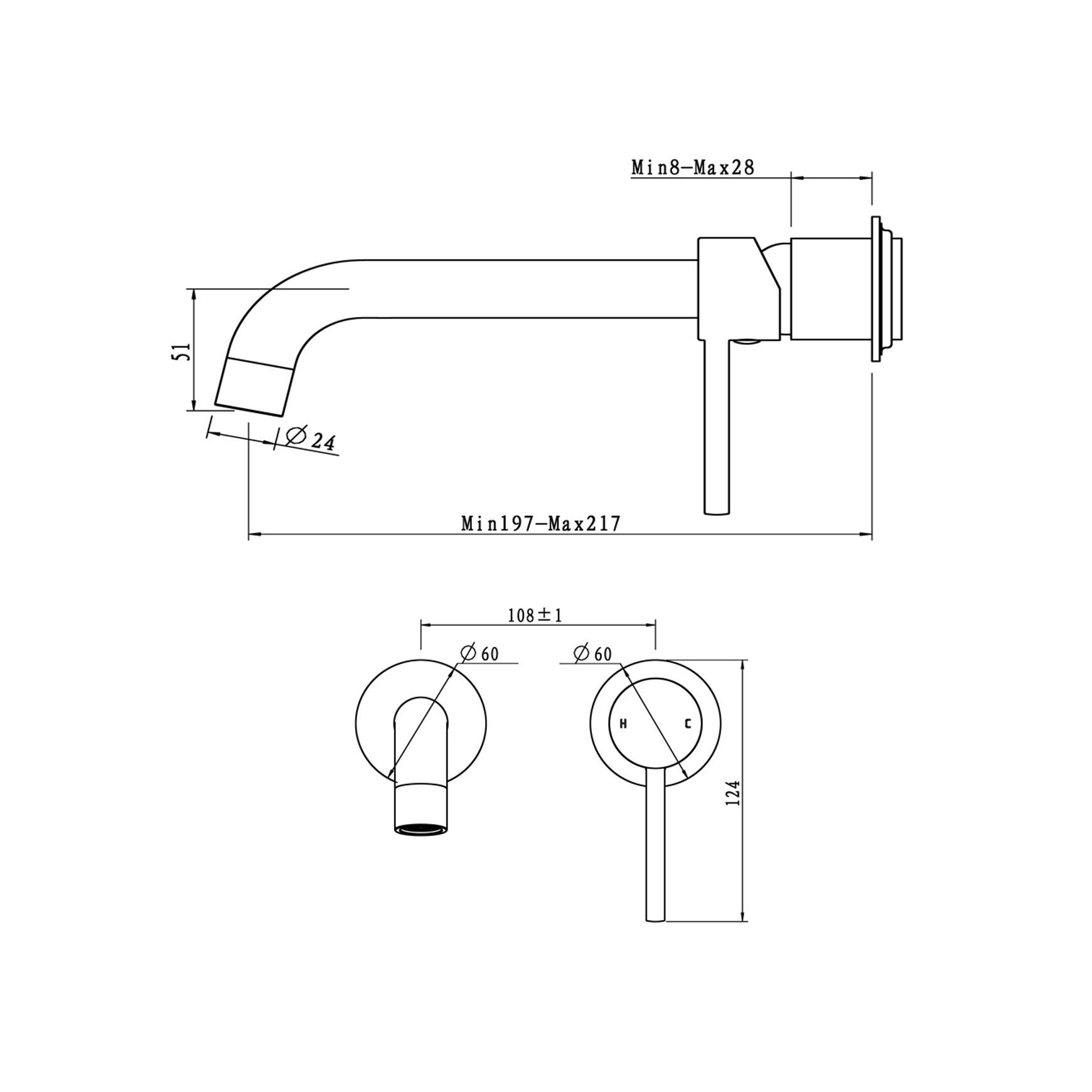Lucid Pin Spout Mixer Trim Kit Brushed Copper dimensions