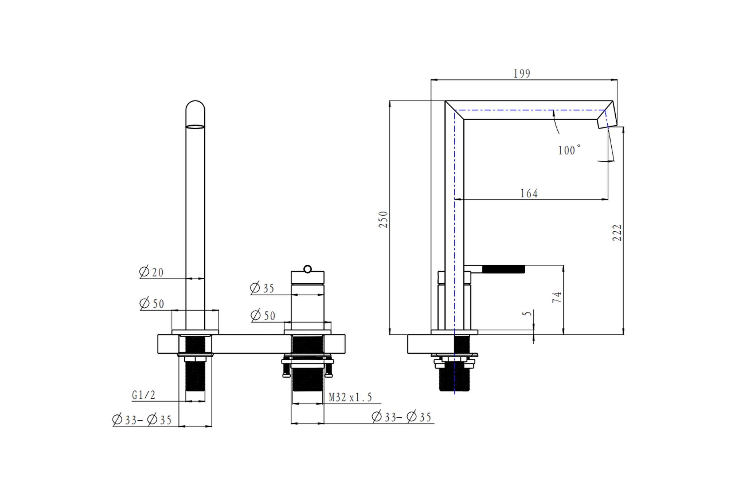 Caddence Split Type Basin Mixer Brushed Brass dimensions