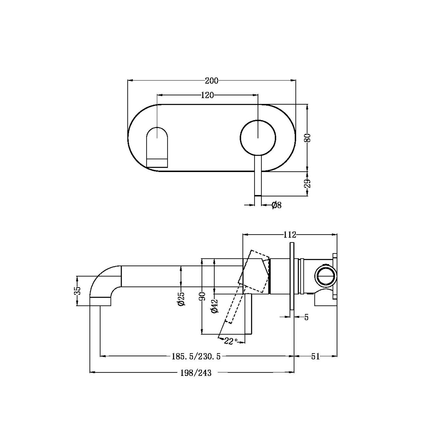 Zen SS316L Wall Basin/Bath Mixer 230mm Spout | Graphite