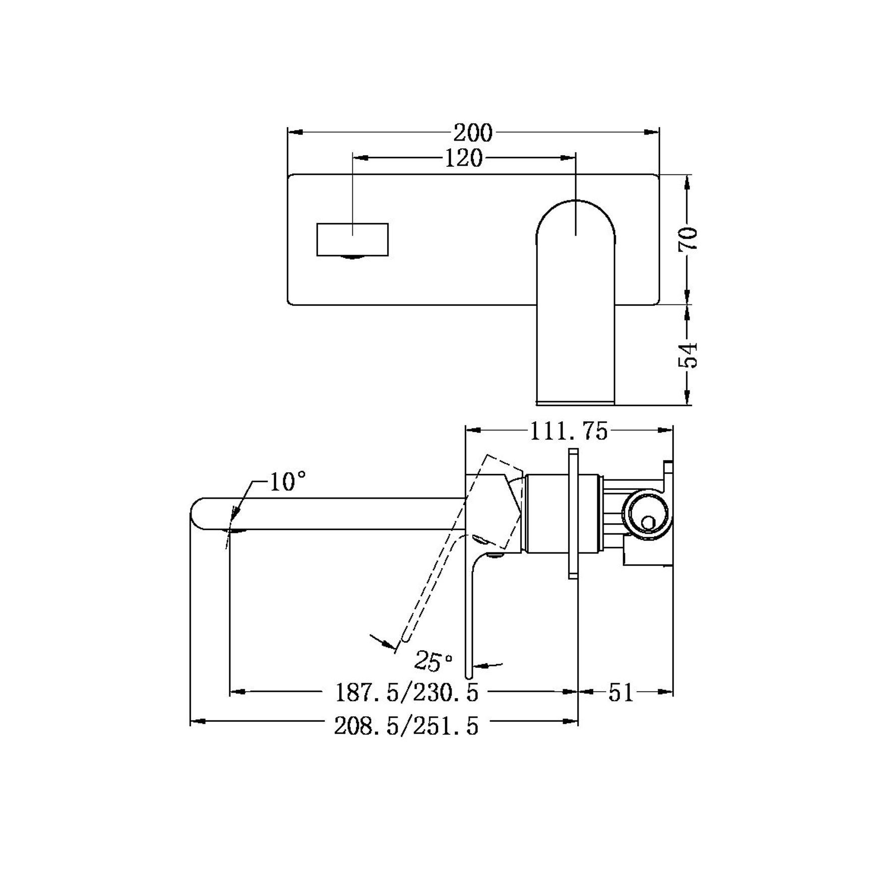 Bianca Wall Basin/Bath Mixer 187mm | Brushed Nickel dimensions