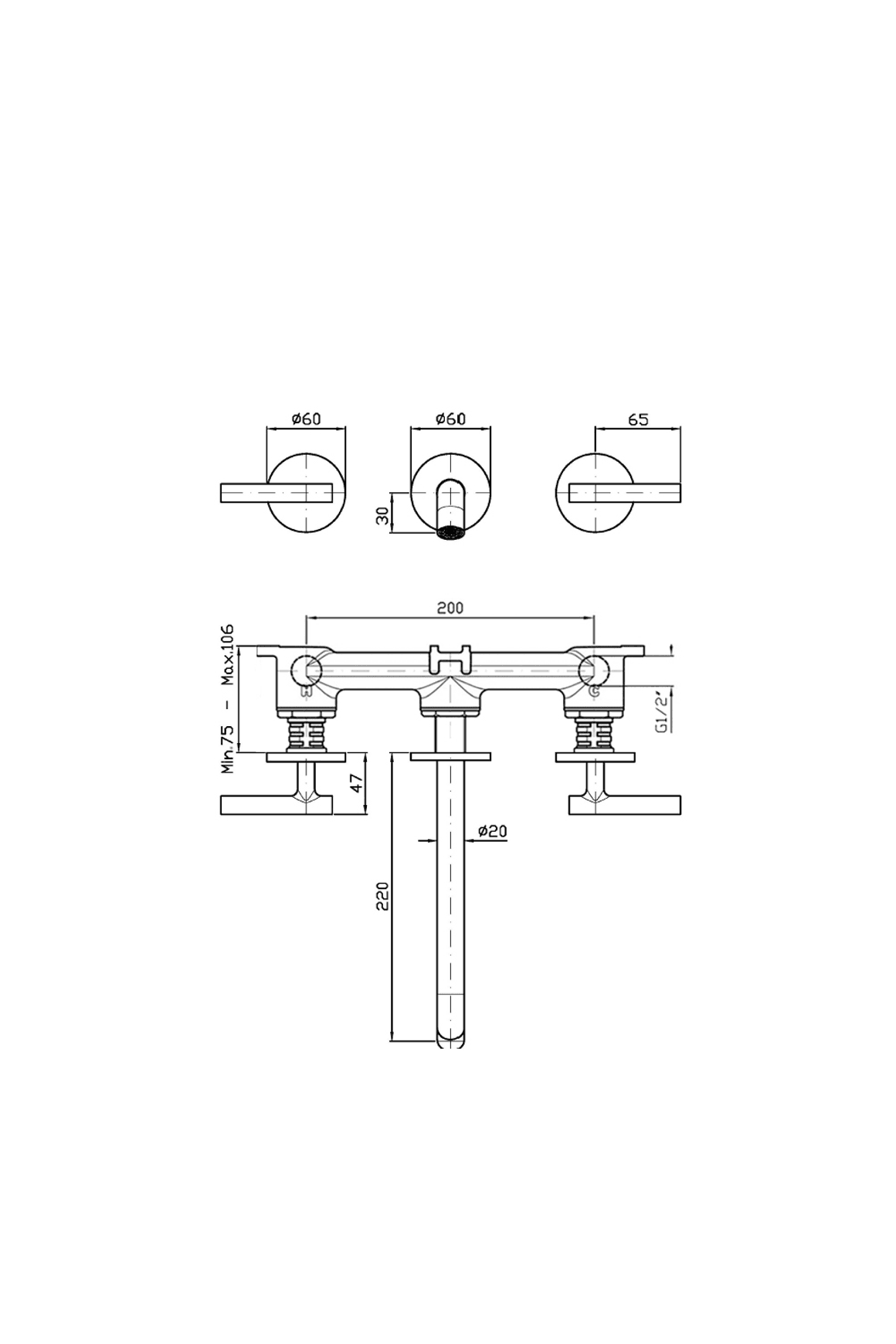 Pan S 3 Tap Hole Wall Mounted Basin Mixer 220mm