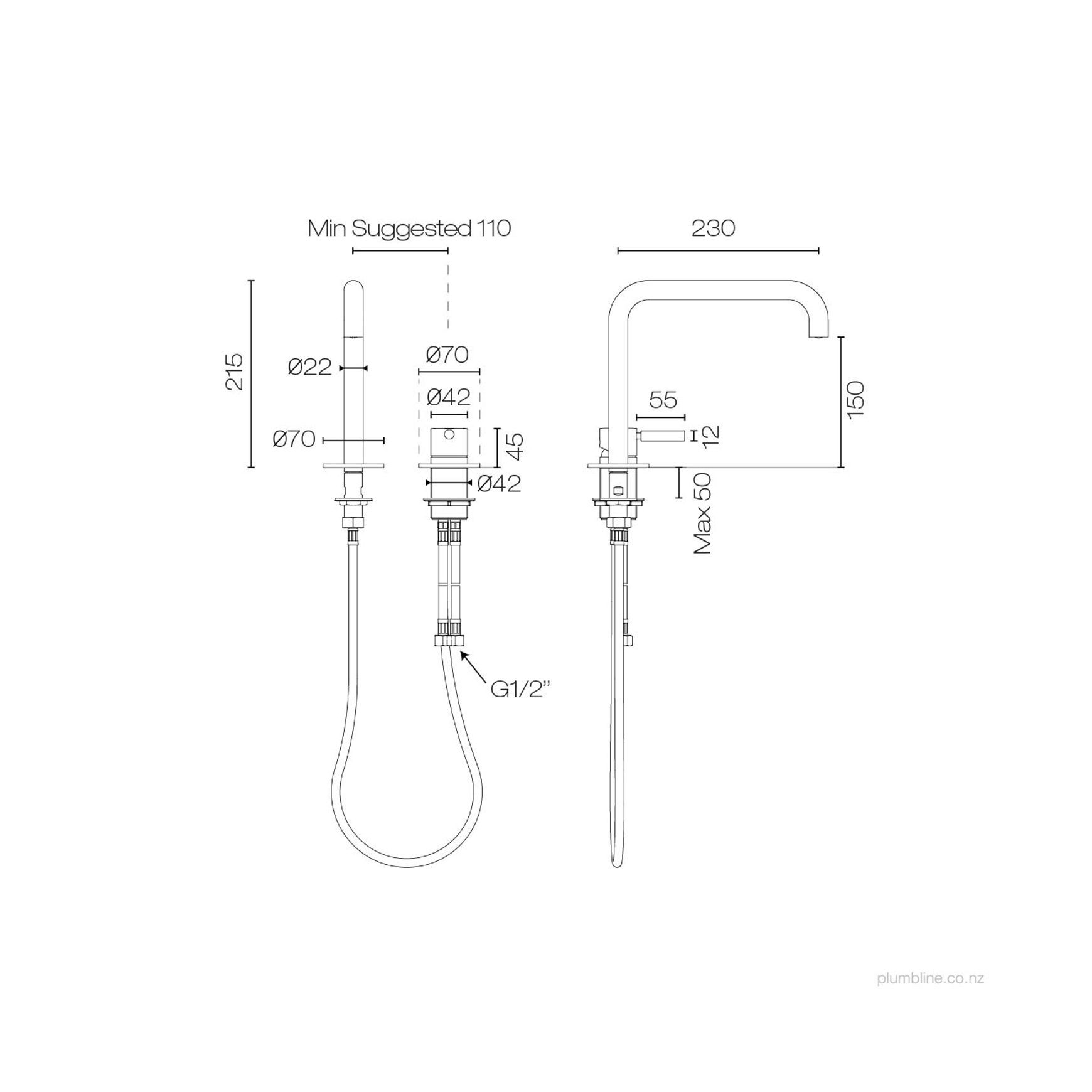 Buddy Pro Square 2 Hole Mixer dimensions
