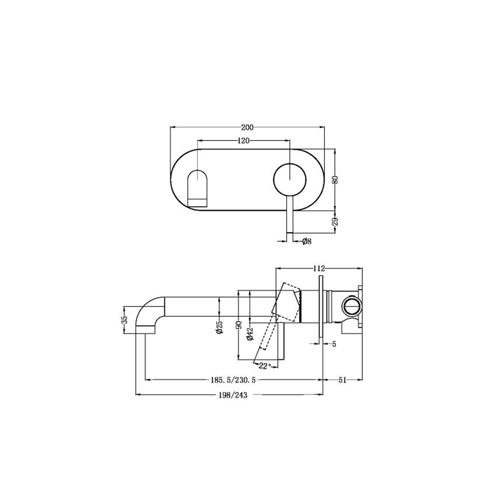 Zen SS316L Wall Basin/Bath Mixer 185mm Spout | Graphite dimensions