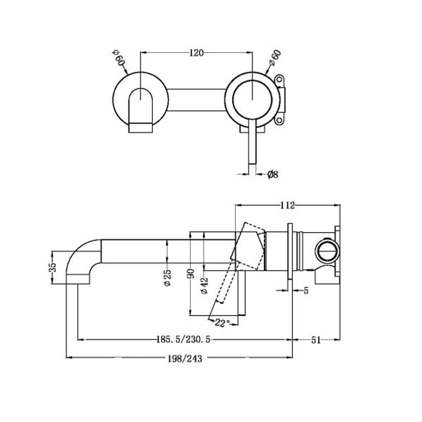 Zen SS316L Wall Basin/Bath Mixer Separate Back Plate 230mm Spout | Brushed Nickel dimensions