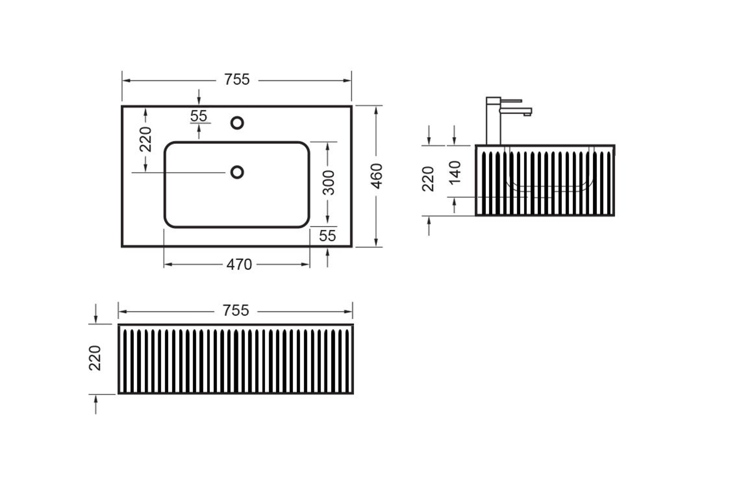 BARE Concrete Fluted Wall Basin 755mm