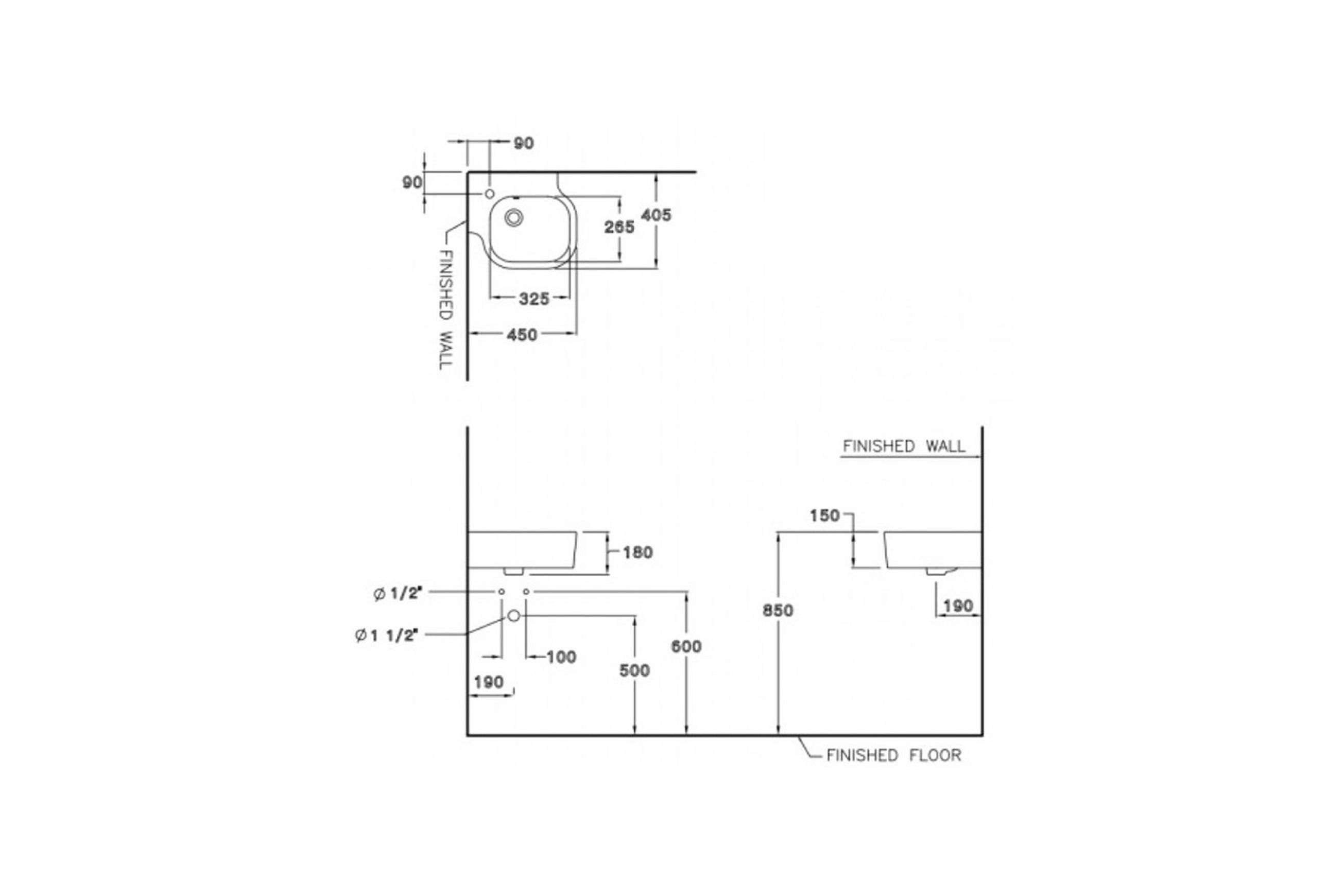 Space Corner Wall Basin dimensions