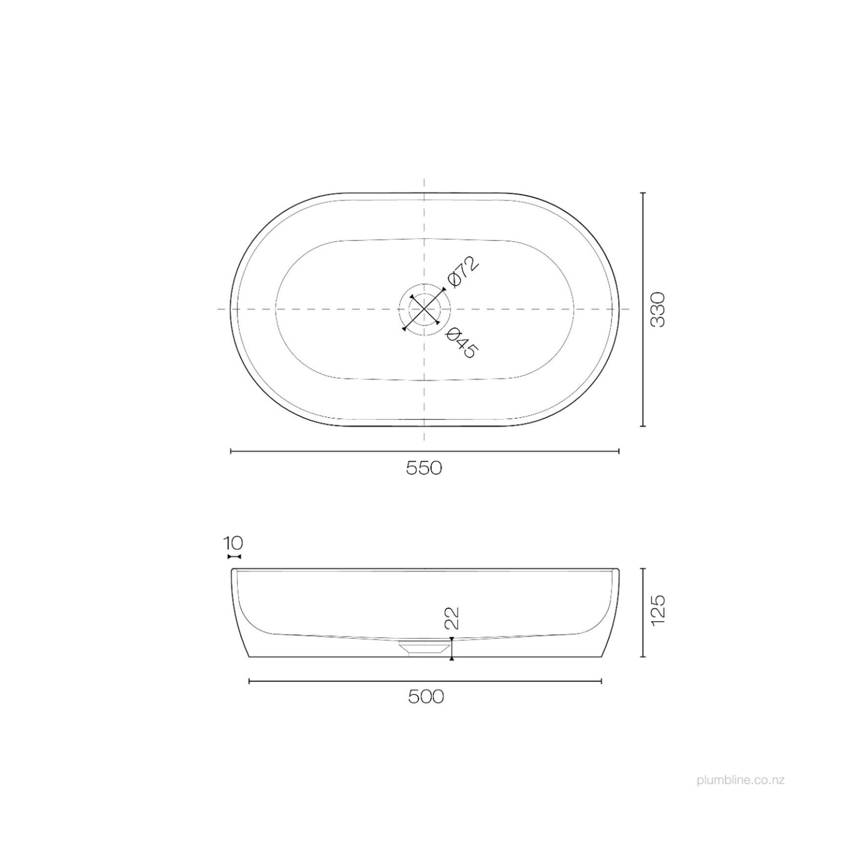 Oasis 550 Oval Vessel Basin dimensions