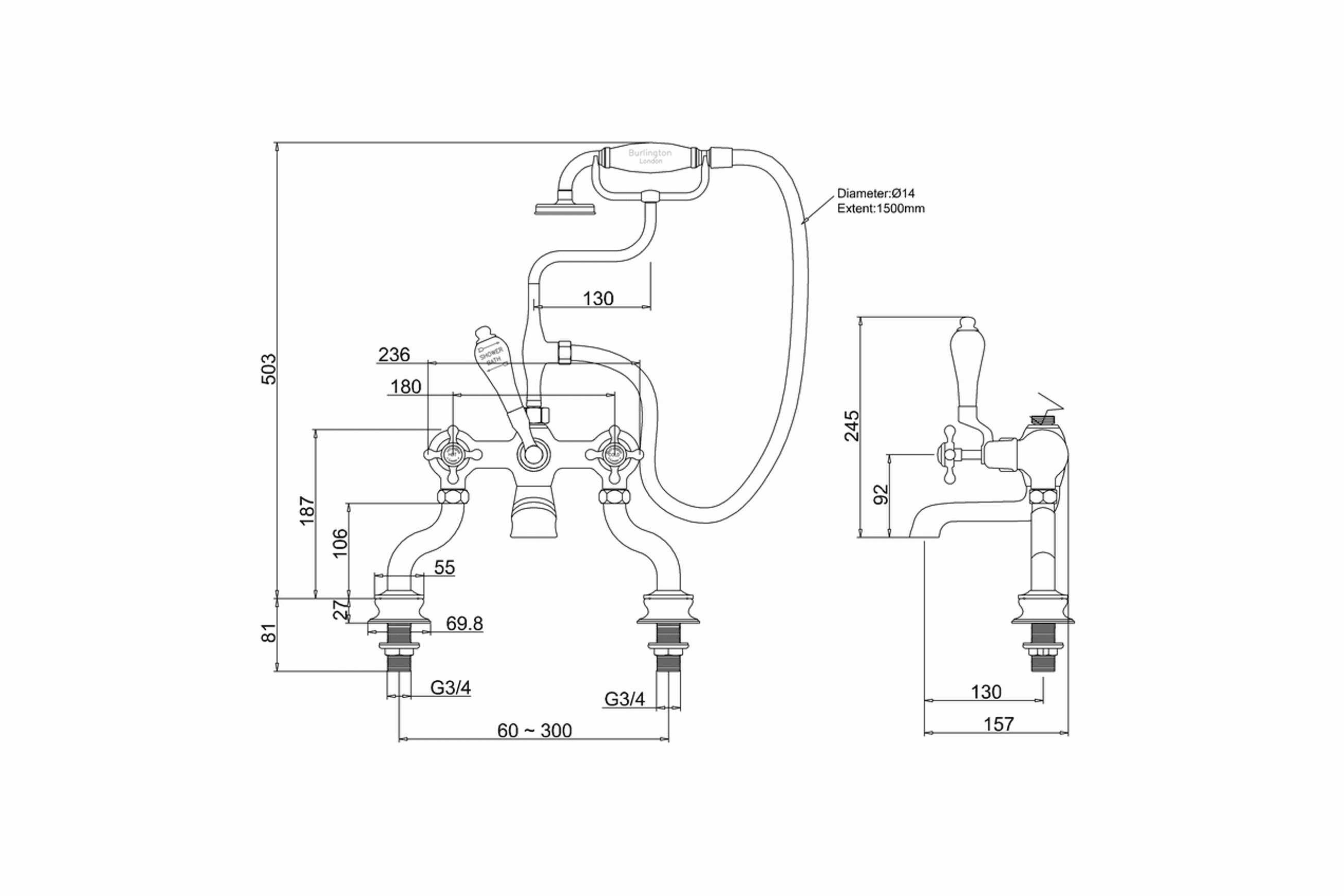Claremont Bath Shower Mixer Deck Mounted dimensions