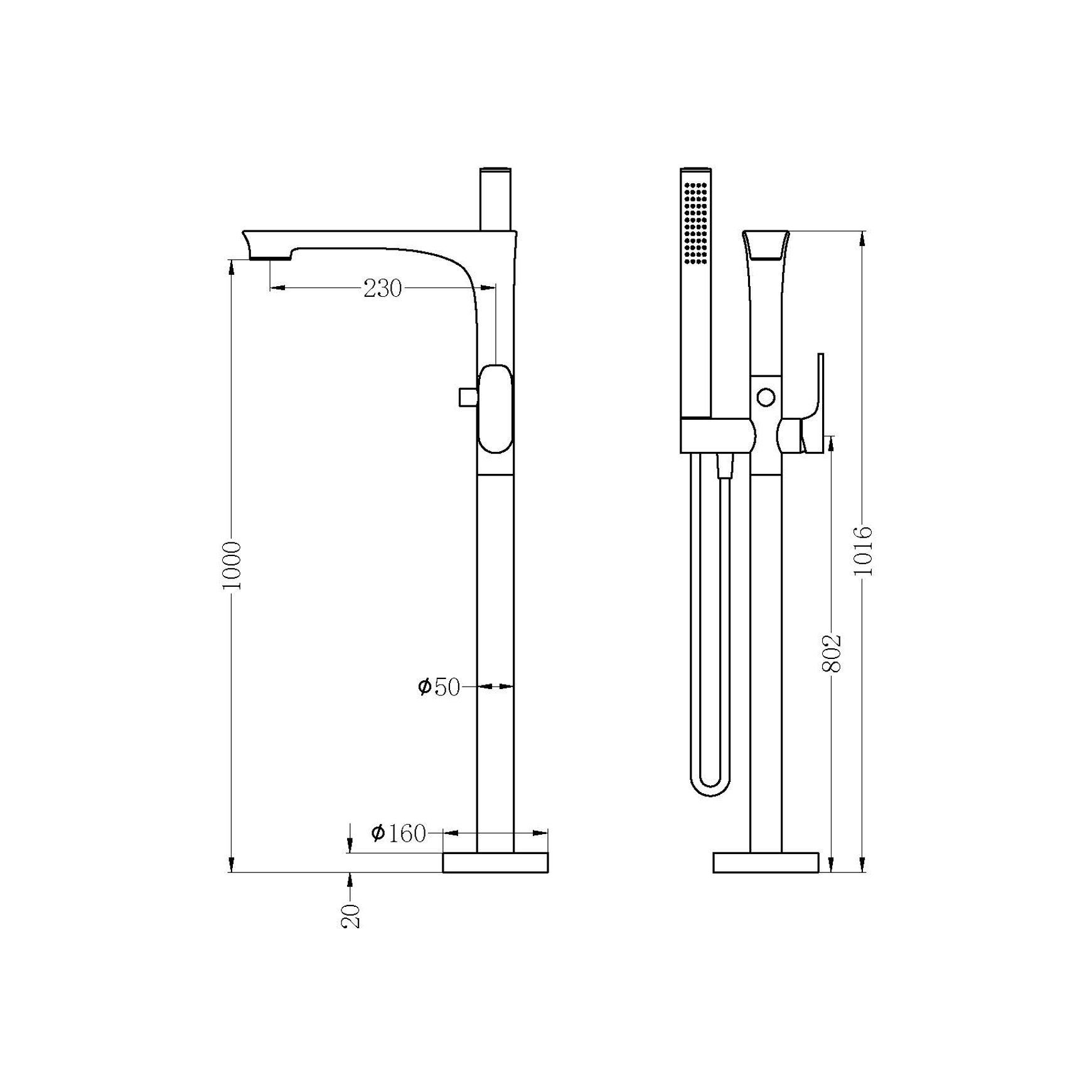 Bianca Bath Mixer & Hand Shower | Gun Metal dimensions
