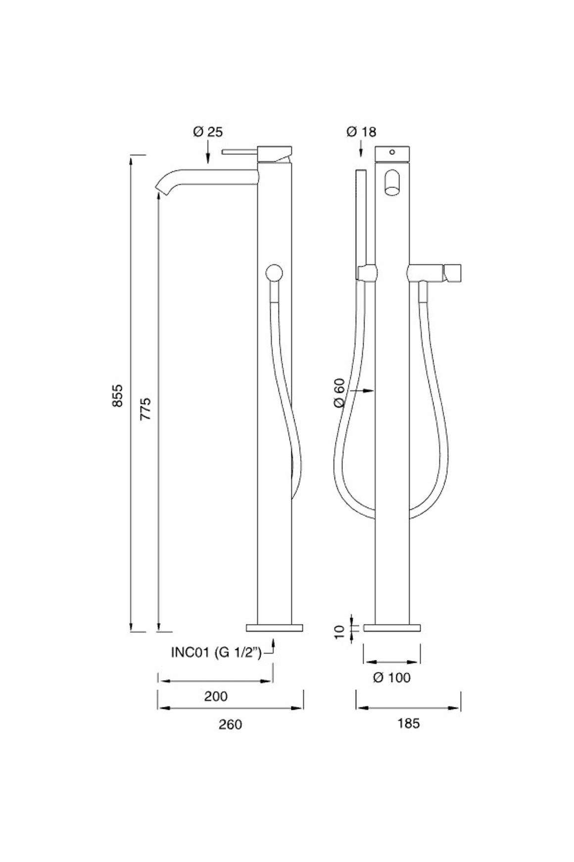 MILO 360 Free Standing Mixer For Bathtub by CEA dimensions