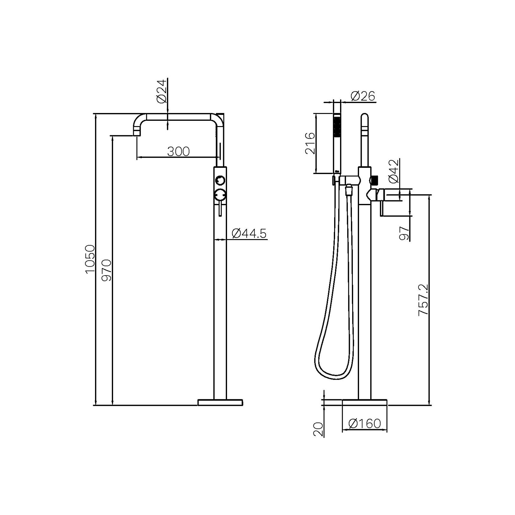 Zen SS316L Freestanding Bath Mixer & Outdoor Shower Hose | Brushed Bronze dimensions